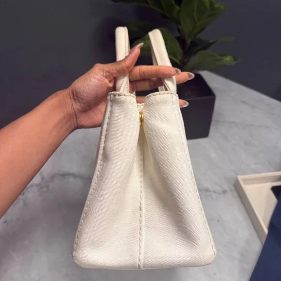 Prada Small White Canapa Logo Tote w/ Strap & Authenticity Certificate Card - Picture 8 of 16